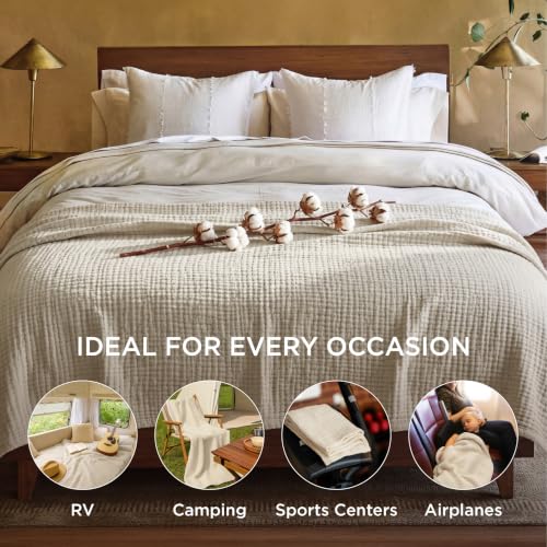 Bedsure 100% Cotton Muslin Blankets for Adults, King, 4-Layer, Linen Beige - color: 00 - Beige, size: King (108" X 90")