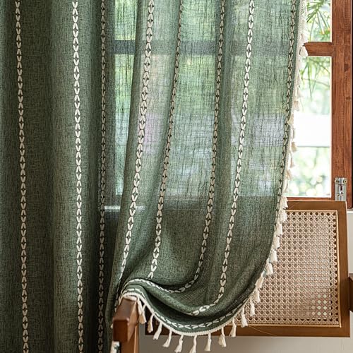 Sutuo Home Boho Kitchen Curtains with Beige Tassels, Semi Blackout Linen French Country Shabby Chic Window Treatment Bohemian Embroidery Knitted Drape, Rod Pocket 1 Panel 52" W x 63" L, Olive Green - color: Olive Green Stripes, size: 52"W x 63"L (Pack of