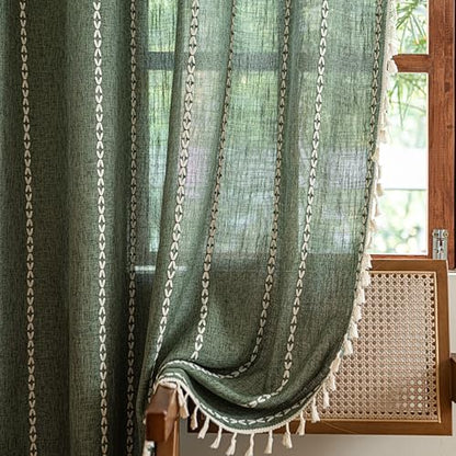 Sutuo Home Boho Kitchen Curtains with Beige Tassels, Semi Blackout Linen French Country Shabby Chic Window Treatment Bohemian Embroidery Knitted Drape, Rod Pocket 1 Panel 52" W x 63" L, Olive Green - color: Olive Green Stripes, size: 52"W x 63"L (Pack of