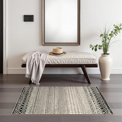 2x4 Washable Rugs for Entryway, Black Boho Bathroom Runner Rug - color: Black, size: 2' x 4' (Rectangular)
