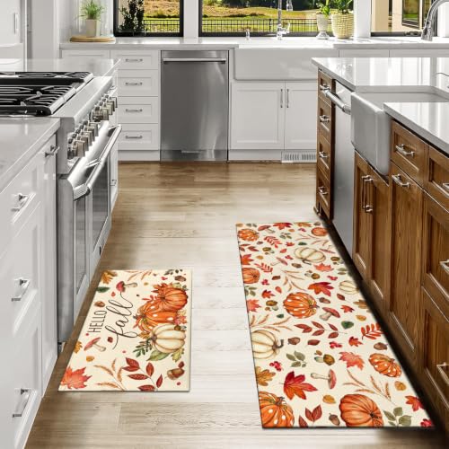 Fall Kitchen Rugs Set of 2,Fall Entrance Door Mats Pumpkin Mushroom Non Slip Kitchen Rug,Washable Anti Fatigue Mat,Kitchen Floor Washable Runner Rug, Autumn Thanksgiving Kitchen Laundry 17x30+17x47In - color: Pumpkin