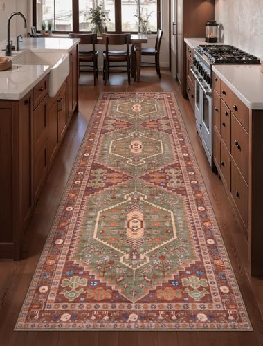 Ciicool Long Washable Runners Area Rug for Hallways,Ultra Soft 2x8ft Carpet - color: Terracotta/Green, size: 2' X 8' (Runner)