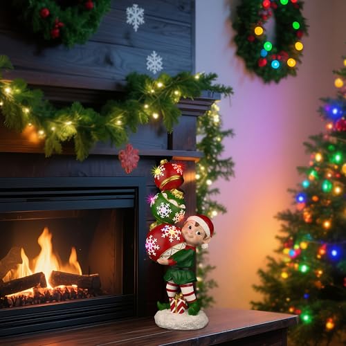 YUETJIN 12" Christmas Elf Figurine with Color-Changing Stacked Ornaments