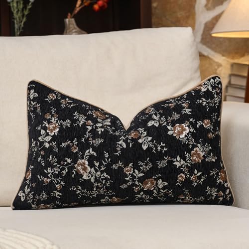 Spring Flower Lumbar Throw Pillow Cover 12x20 Inches Black Vintage Floral Pillow Cover Farmhouse Summer Cushion Cover Leaf Retro Pillowcase Home Decor for Sofa Living Room Couch - color: Black, size: 20" x 12" (Pack of 1)