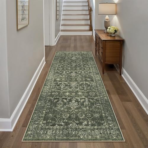 3x7 Washable Kitchen Runner Rug Non-Slip Boho Dark Green Throw Carpet - color: Dark Green, size: 3' x 7' (Runner)