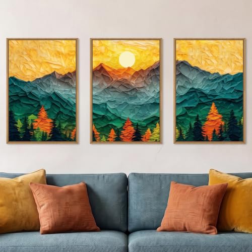 Celestdeco Abstract Boho Mountain Framed Canvas Wall Art Set-24"x36"x3 | Golden Teal Sun Forest Wall Decor,Bohemian Landscape Art Prints,Colorful Pine Tree Artwork for Living Room,Bedroom,Office - color: Woodcut Mountain Wall Art, size: 24"L x 36"W