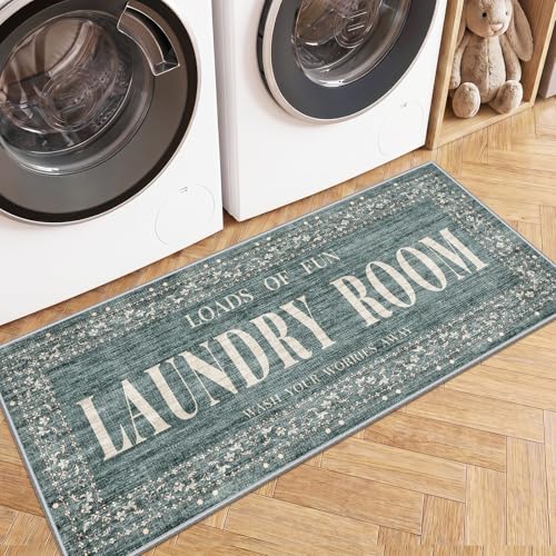 TOPRUUG Non-Slip Laundry Runner Rug: 20x48 Washable Laundry Room Mats for Floor - Vintage Farmhouse Carpet for Front of Washer & Dryer Area - Indoor Low-Pile Soft Mat for Newlywed Family 20"x48"Teal - color: Teal, size: 1'8" x 4' (Rectangular)