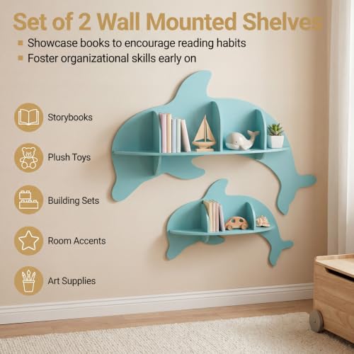 GLACER Floating Shelves for Wall, 2 Pack Kids Corner Bookshelf (Dolphin) - size: 38" x 6" x 27"