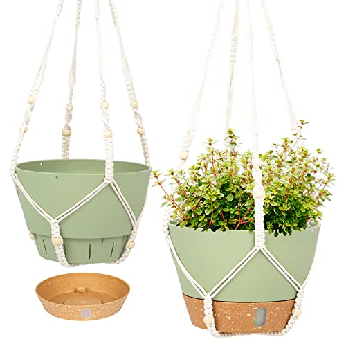 QCQHDU 2 Pack Hanging Planters for Indoor Outdoor Plants, 10 Inch Hanging Baskets Flower Pots with Reservoir Tray & Visible Water-Level (Macrame Hanger) - color: Green, size: 10 inch with Macrame Hanger
