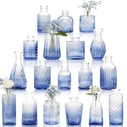 Petal Petite Small Blue Glass Bud Vase Set of 18 for Wedding Centerpieces - color: Blue