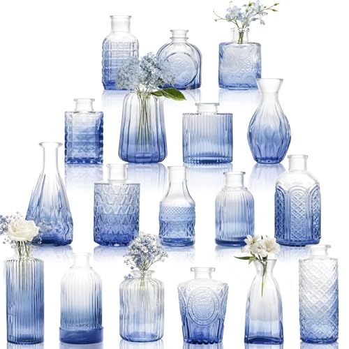 Petal Petite Small Blue Glass Bud Vase Set of 18 for Wedding Centerpieces - color: Blue
