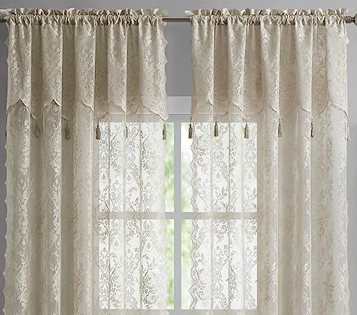 LinenZone 54 x 84 Linen Lace Curtains with Tassels. (Luna 54x84, Linen) - color: Linen, size: 54"W x 84"L (Pack of 2)