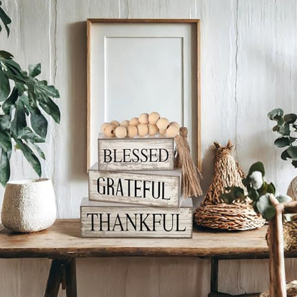 Yuntau 4 Pcs Farmhouse Table Decor Rustic Stacked Wooden Block Sign - style: Blessed