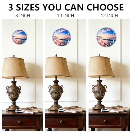 Battery Operated Wall Clock with Beach Sunset Pattern - 10 Inch Thick Glass Silent Non Ticking Analog Clock, Quartz Large Numbers Modern Wall Clocks for Living Room Bedroom Bathroom Office Gym - color: Blue Red, size: 10 Inch