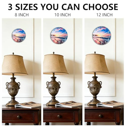 Battery Operated Wall Clock with Beach Sunset Pattern - 10 Inch Thick Glass Silent Non Ticking Analog Clock, Quartz Large Numbers Modern Wall Clocks for Living Room Bedroom Bathroom Office Gym - color: Blue Red, size: 10 Inch