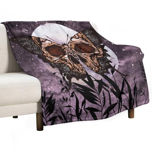 Death Moth Blanket, Boho Gothic Skull Moth Purple Starry Plant Full Moon Mysterious Witchy Throw Blanket for Couch Sofa Office Bed Travelling Bed Throws, 30"x40" - color: Death Moth, size: 30"x40"