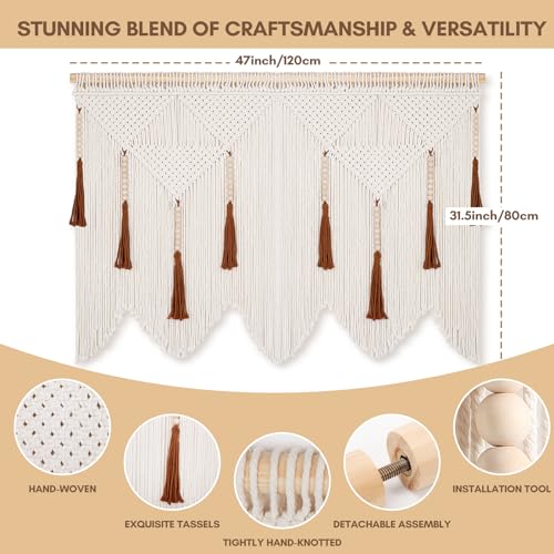 Large Macrame Wall Hanging, Boho Woven Tapestry with Wood Bead Tassel - size: Medium