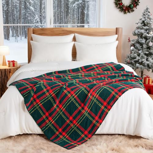 Exclusivo Mezcla Reversible Knit Throw Blanket for Couch, Red and Green - color: Red and Green, size: Throw (50"x60")