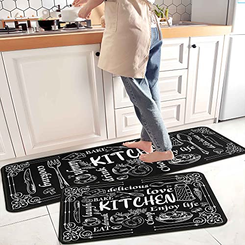 Black Chalkboard Kitchen Rugs Set of 2, Vintage Utensil Vegetable Print Water Absorbent Non Slip Kitchen Floor Mats, Farmhouse Runner Rug for Sink Laundry Room Decor, 17"x30"+17"x47" - color: Color-90