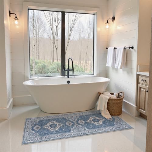Seavish Boho Bathroom Runner Rug, 24x60 Inch Blue Vintage Bath Mat - color: Blue, size: 24 x 60 inch