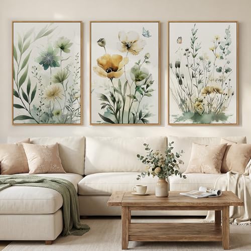 Large Framed Floral Botanical Wall Art for Living Room, 3 Piece 24x36 In - color: Sage Green & Yellow, size: 24" W x 36" H x 3Pcs