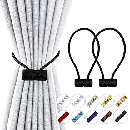 YUNGOO 18 Inch Strong Magnetic Curtain Tiebacks, Curtain Holdbacks Modern Upgrade Strong 2021 New Twisted Style Decorative Drapery Rope Tie Backs (Black, 2) - color: Black