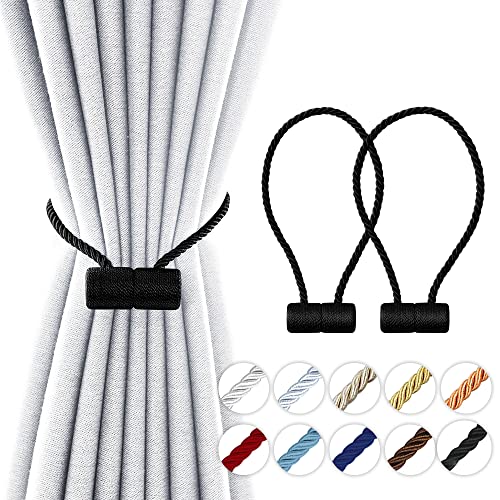 YUNGOO 18 Inch Strong Magnetic Curtain Tiebacks, Curtain Holdbacks Modern Upgrade Strong 2021 New Twisted Style Decorative Drapery Rope Tie Backs (Black, 2) - color: Black