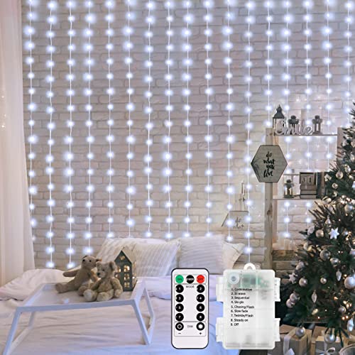 echosari Curtain Lights Battery Operated 6.6×6.6ft with Remote Timer | 200 LED Curtain Fairy Lights Fully Waterproof for Wedding Backdrops Bedroom Decor Cool White - color: Cool White, size: 6.6Ft x 6.6Ft