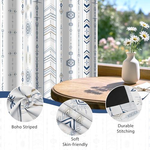 Boho Blue and White Geometric Striped Blackout Curtains for Living Room Bedroom 63 Inch Length 2 Panel Set, Western Room Darkening Patterned Grommet Window Drapes - color: Blue Stripe, size: 52"W x 63"L (Pack of 2)