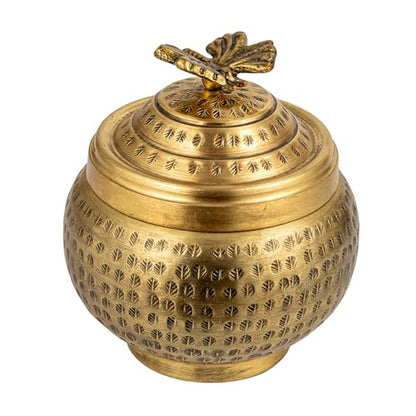 Creative Co-Op Round Hammered Metal Container with Butterfly Finial, Brass Finish - size: 6 inches (Diameter) x 7 inches (Height), style: Cottage