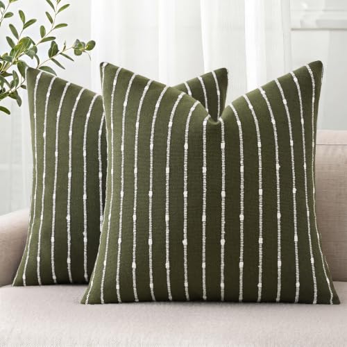 decorUhome Striped Decorative Throw Pillow Covers 18x18 Set of 2, Olive - color: Olive Green, size: 18" x 18" (Pack of 2)