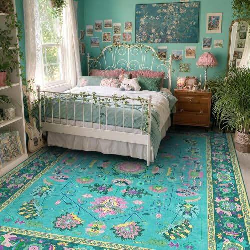 Kokia 9x12 Turquoise Pink Vintage Oriental Washable Area Rug Living Room - color: Turquoise/Teal/Peony Pink/Yellow, size: 9' x 12' (Rectangular)