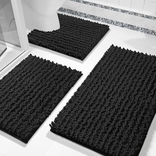 Yimobra Black Bathroom Rug Set 3 Piece, Super Water Absorbent Bath Mat Set - color: Black, size: 24"x17" + 24"x20" + 30"x20"