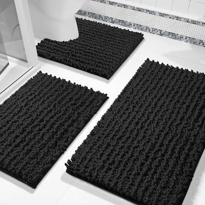 Yimobra Black Bathroom Rug Set 3 Piece, Super Water Absorbent Bath Mat Set - color: Black, size: 24"x17" + 24"x20" + 30"x20"