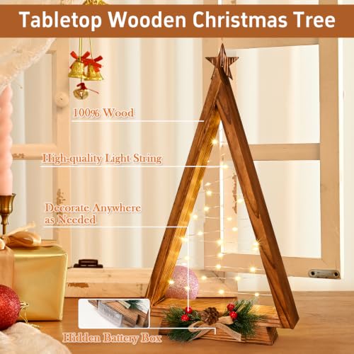 2 Pcs Triangle Tabletop Wooden Christmas Tree with Lights, Modern Farmhouse Rustic Christmas Decor, Small Lighted Xmas Tree for Kitchen Mantle Shelf Living Room(14.2" Large / 11" Small)