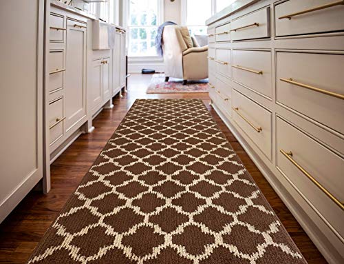 Custom Size Cut to Length Moroccan Trellis Design Runner Rug Mat For Wide Long Hallways with Non-Slip Rubber Backing, Better Traction for Pets, Prevent Slippage, Trellis Brown, 31 inch X 7 feet - color: Trellis / Brown, size: 31 inch Width X 7 Feet Length