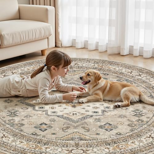cotiled 8ft Round Living Room Area Rug, Washable, Traditional, Beige - color: Beige, size: 8' (Round)