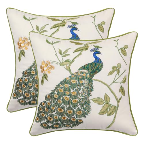 Holibeat Embroidered Peacock Throw Pillow Covers Spring Decoration Pillowcases(Ivory White, 20" x 20" (Pack of 2)) - color: Ivory White, size: 20" x 20" (Pack of 2)