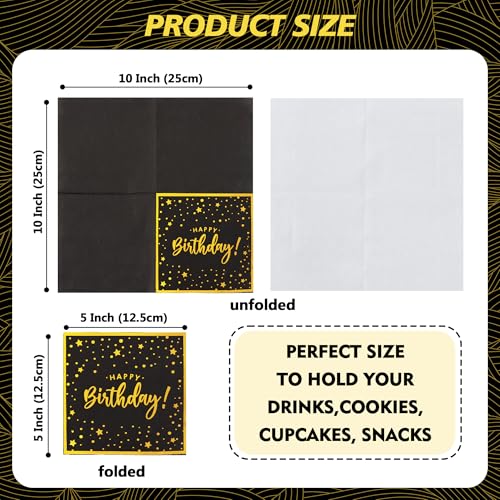 Vuzvuv 52 Pack Happy Birthday Cocktail Napkins with Confetti Gold Stamping - Birthday Party Dinner Hand Napkin for Party Supplies Decorations Table Decor for women man(5" Folded 3 Ply-Black) - color: Confetti HBD Black