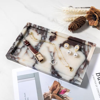 Natural Calacatta Viola Marble Tray 10"x6" Rectangular - Non-Resin Bathroom Vanity Organizer & Office Desk Tray | Waterproof Stone Serving Platter for Jewelry/Perfume (Purple Portoro) - style: Calacatta Viola - 1 Pack