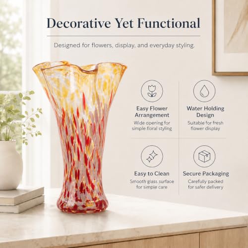LCCCK 9.0" H Amber Red Glass Vases for Flower, Unique Hand Blown Glass Vase - color: Amber Red