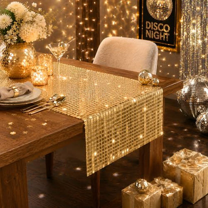 Disco Party Decorations - Gold Glitter Disco Table Runner - color: Gold Sequin Glitter