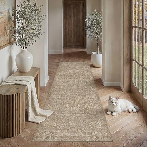 HUGEAR 3x8 Light Brown Vintage Floral Washable Runner Rug for Hallway - color: Light Brown, size: 3' x 8' (Runner)