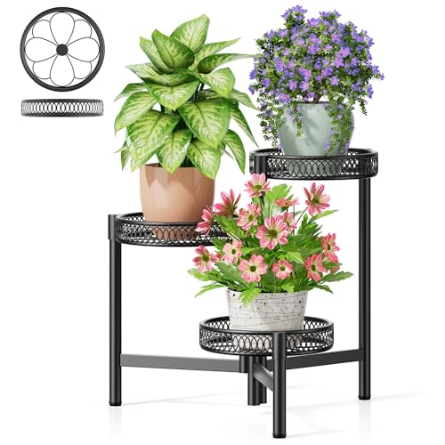 3 Tier Metal Plant Stand Indoor Outdoor, Corner Tall Plant Shelf for Multiple Plants, Foldable Heavy Duty Plant Holder, Decoration Flower Pot Stand for Patio Living Room Balcony Garden - BlackFlower - color: BlackFlower, size: 3-tiers