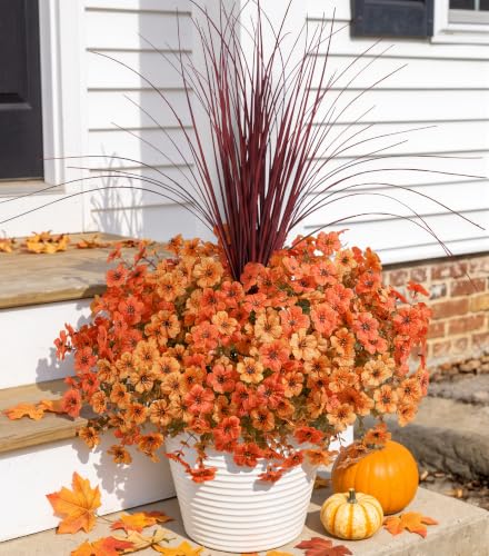 Ivydale Artificial Mums Flowers for Outdoors 12 Pcs + Burgundy Grass - color: Orange Yellow