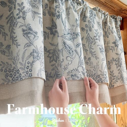 jinchan Linen Valance Curtain Farmhouse 16 Inch 1 Panel Blue on Beige - color: Forest | Blue, size: 50"W x 16"L (Pack of 1)
