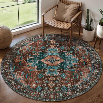 Ciicool 4ft Round Boho Area Rug,Washable Circle Throw Rugs for Entryway - color: Brick Red/Dull Teal, size: 4' (Round)