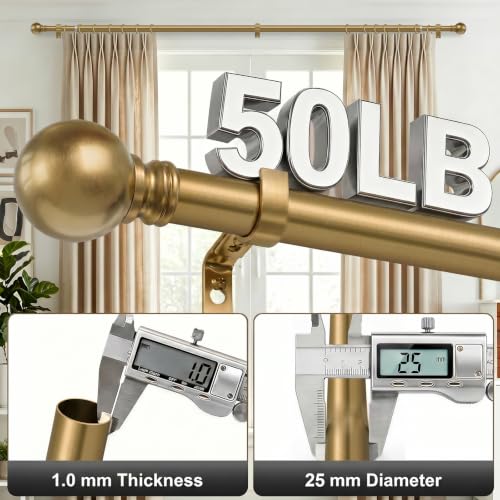 Warm Gold Curtain Rods 16-144 Inch Heavy Duty 1 Inch Diameter - color: Brass, size: 16"-144"|1 Pack