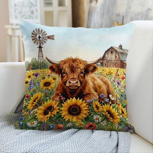 Throw Pillow Covers, Rustic Floral, Set of 4, 18"x18" - color: Highland Cow 3