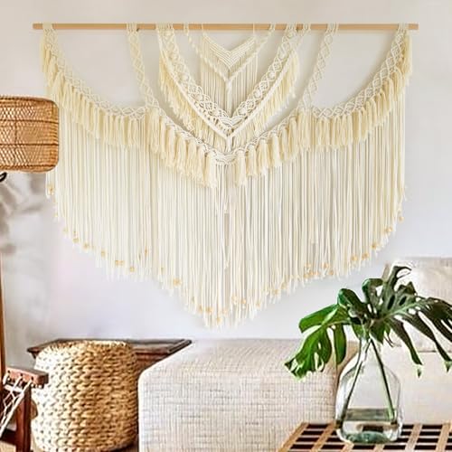 Macrame Wall Hanging Handmade Craftsmanship Woven Wall Art Boho 47" W*39" L - color: Ivory2